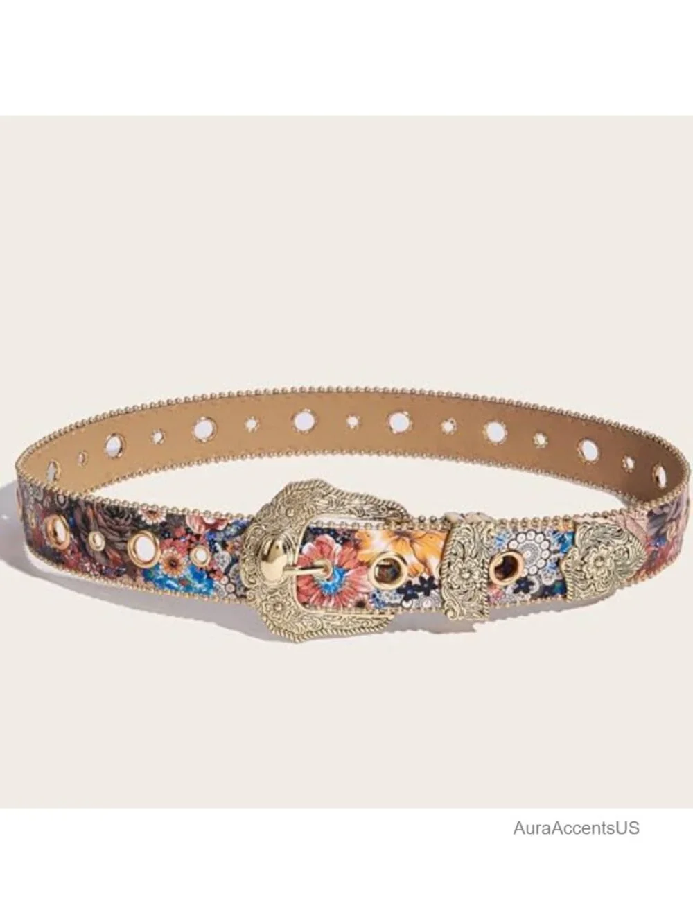 Vintage Western Belt Faux Leather Floral Carved Buckle Cowgirl Waist